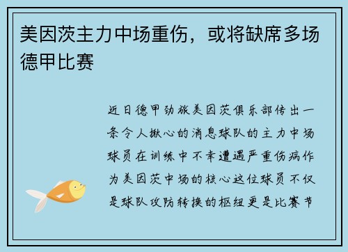 美因茨主力中场重伤，或将缺席多场德甲比赛
